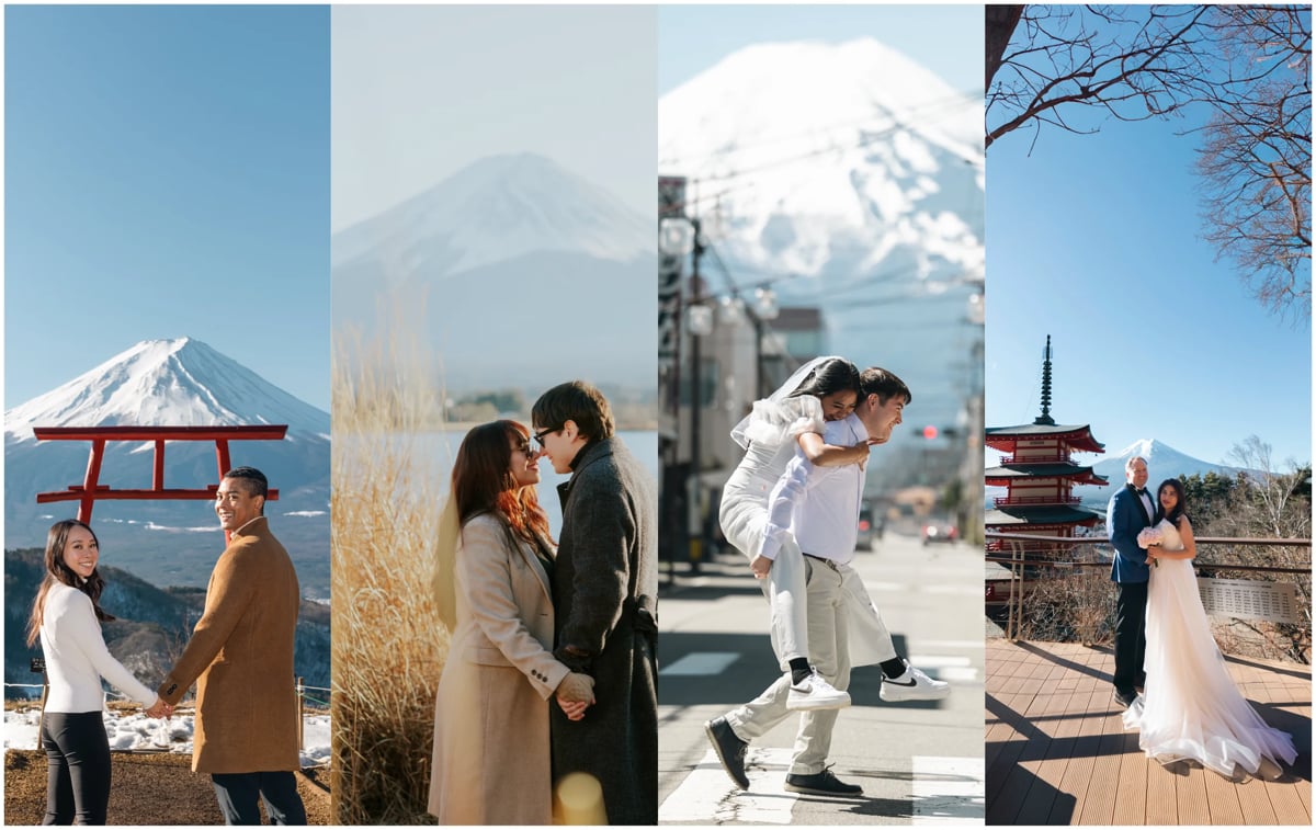 Collage of five wedding photos featuring couples in scenic locations with Mount Fuji, Japanese temples, and mountain backgrounds